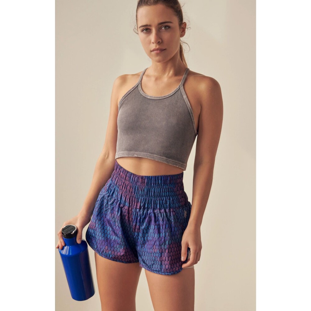 Free People Movement The Way Home Shorts S Blue Logo Print Running Dolphin Hem